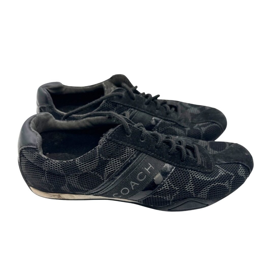 Coach Size 6 Black Monogram Sneakers Mesh Leather Trim Lace-Up Casual Shoes